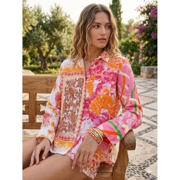 Calypso St. Barth Tops - Calypso St. Barth Pink & Orange Floral Button-Up Blouse